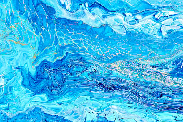 large painting in abstract of aerial of beach with white foam from waves coming into shore. The ocean is gorgeous turquoise waters, aquamarine and hues of blue