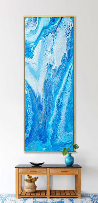 large painting in abstract of aerial of beach with white foam from waves coming into shore. The ocean is gorgeous turquoise waters, aquamarine and hues of blue