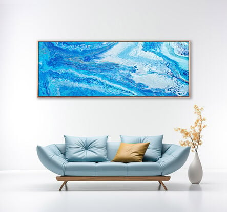 large painting in abstract of aerial of beach with white foam from waves coming into shore. The ocean is gorgeous turquoise waters, aquamarine and hues of blue