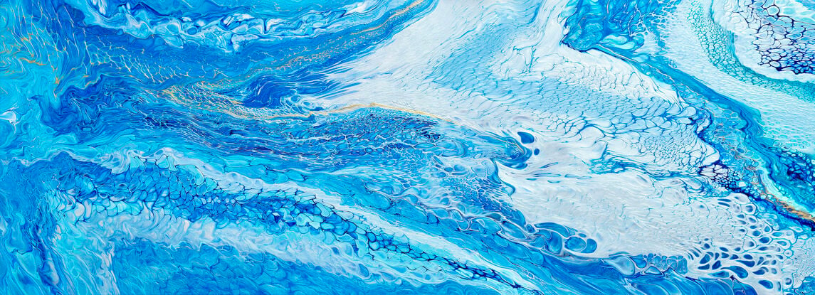 large painting in abstract of aerial of beach with white foam from waves coming into shore. The ocean is gorgeous turquoise waters, aquamarine and hues of blue