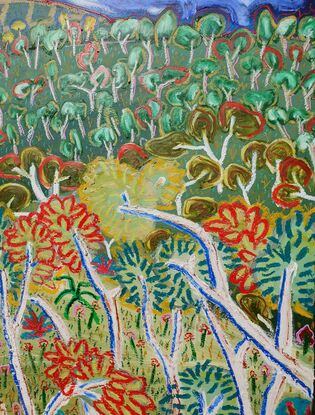 a bright and colourful textured semi-abstract painting of a forest, trees and hillsides.