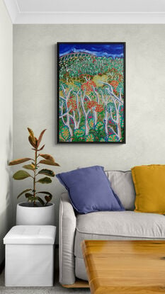 a bright and colourful textured semi-abstract painting of a forest, trees and hillsides.