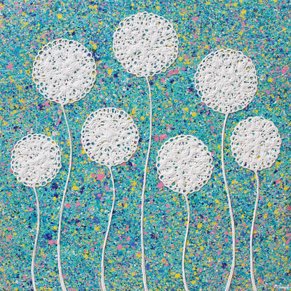 textured white flowers on a blue background textured abstract