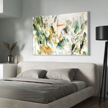 bold paint and pencil marks in light green, olive lime with areas of white and grey, beige, pink, blush, tan,  orange and ochre  expressive marks across a large canvas