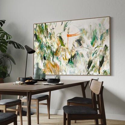 bold paint and pencil marks in light green, olive lime with areas of white and grey, beige, pink, blush, tan,  orange and ochre  expressive marks across a large canvas