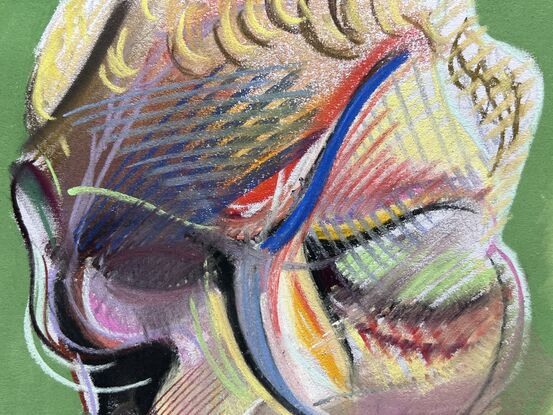 Bright and colourful expressionist portrait of a man. Patches of colour and lines.