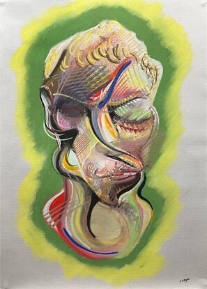 Bright and colourful expressionist portrait of a man. Patches of colour and lines.