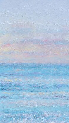 A thickly textured palette knife oil painting of a calm ocean in the soft early evening light.