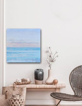 A thickly textured palette knife oil painting of a calm ocean in the soft early evening light.