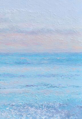 A thickly textured palette knife oil painting of a calm ocean in the soft early evening light.