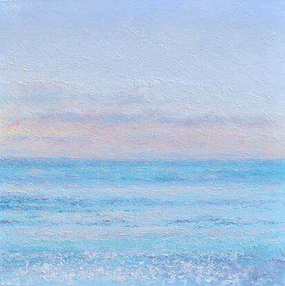 A thickly textured palette knife oil painting of a calm ocean in the soft early evening light.