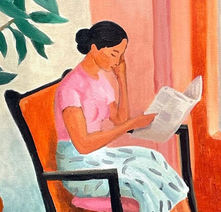 We see a woman sitting on an old chair and a pillow, near a window. It's an interior painting with a figure in it. She is reading. The room seems quiet. Through the window we glimpse tree branches and leaves. She is kept company by two healthy plants. 