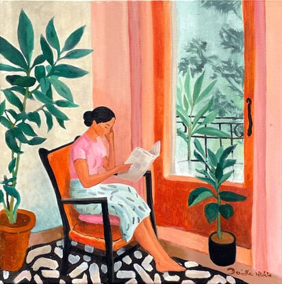 We see a woman sitting on an old chair and a pillow, near a window. It's an interior painting with a figure in it. She is reading. The room seems quiet. Through the window we glimpse tree branches and leaves. She is kept company by two healthy plants. 