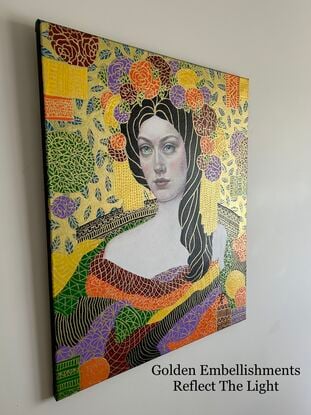 A beautiful young woman sits in a formal abstracted room. Art deco style image, after Klimt. Golden embellishment over bright colours. 