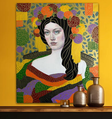 A beautiful young woman sits in a formal abstracted room. Art deco style image, after Klimt. Golden embellishment over bright colours. 