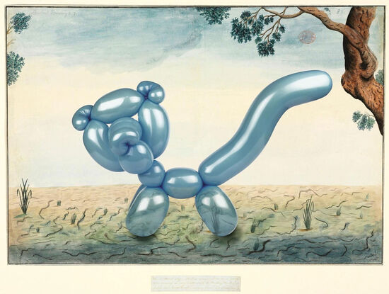 Australian landscape flora and fauna colonial-era painting by naturalist and convict arist Thomas Watling, with a quoll reimagined as a Jeff Koons-style transparent sky blue party balloon animal cat. 