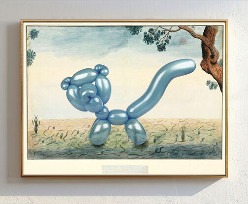 Australian landscape flora and fauna colonial-era painting by naturalist and convict arist Thomas Watling, with a quoll reimagined as a Jeff Koons-style transparent sky blue party balloon animal cat. 