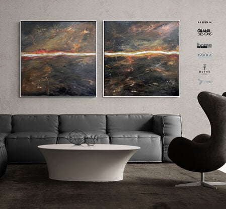 Raw Earth I and II is a diptych that blends textures and colours to form an abstract aerial landscape in dark moody tones with a river cutting horizontally across the canvas.
