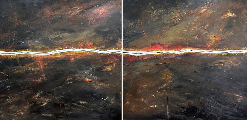 Raw Earth I and II is a diptych that blends textures and colours to form an abstract aerial landscape in dark moody tones with a river cutting horizontally across the canvas.
