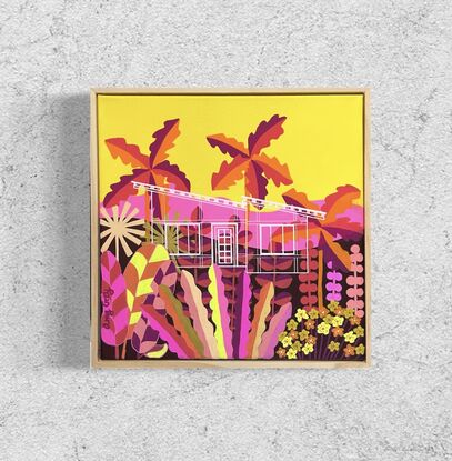 Yellow sky with tropical plants mostly in pinks. Outline of a house in white.