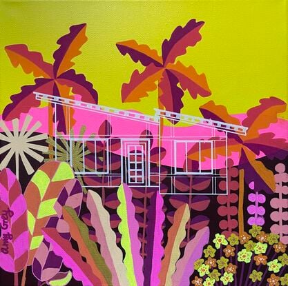 Yellow sky with tropical plants mostly in pinks. Outline of a house in white.