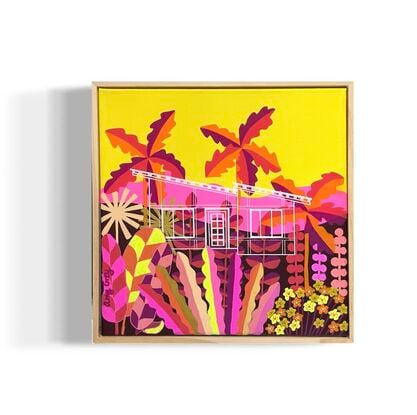 Yellow sky with tropical plants mostly in pinks. Outline of a house in white.