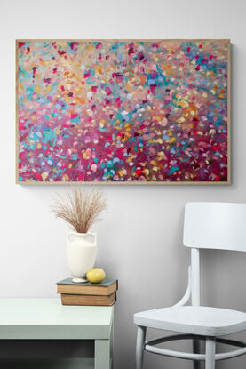 Layers and layers of colourful marks in this dynamic abstract floral that celebrates the joy of flowers every day. Comes framed, two weeks required for framing. 