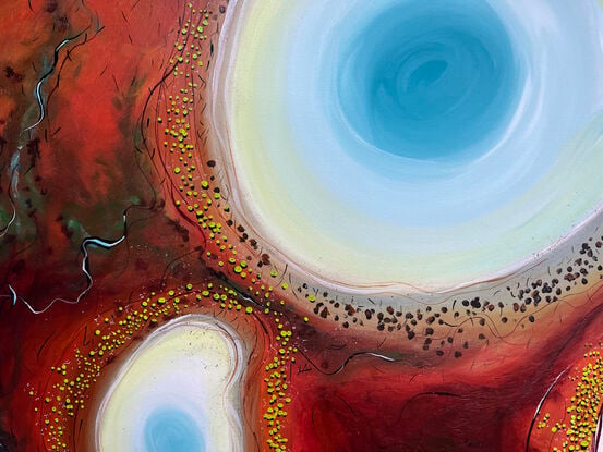 The Wandering Lifeline is a vibrant  yet earthy textured aerial abstract landscape. A vivid blue river snakes across the canvas, bringing energy and movement to the composition. The contrast between the rich, earthy hues and the bright blue water creates a striking visual balance, and the texture adds depth and complexity, inviting the viewer to trace the river's journey as it winds its way through the landscape.