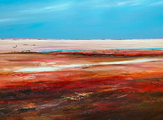 Afternoon's Tender Kiss  by Tania Chanter  is an evocative colourful abstract landscape painting that captures the tranquil yet dramatic moment as the day transitions into night. 
