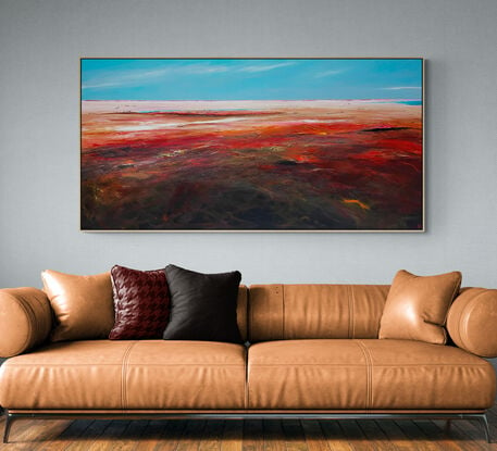 Afternoon's Tender Kiss  by Tania Chanter  is an evocative colourful abstract landscape painting that captures the tranquil yet dramatic moment as the day transitions into night. 
