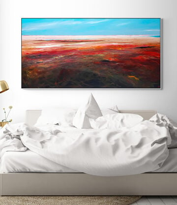 Afternoon's Tender Kiss  by Tania Chanter  is an evocative colourful abstract landscape painting that captures the tranquil yet dramatic moment as the day transitions into night. 
