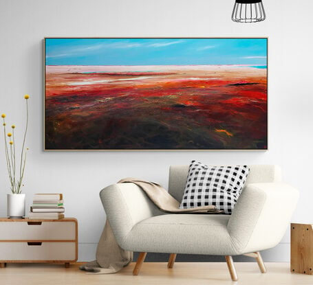 Afternoon's Tender Kiss  by Tania Chanter  is an evocative colourful abstract landscape painting that captures the tranquil yet dramatic moment as the day transitions into night. 
