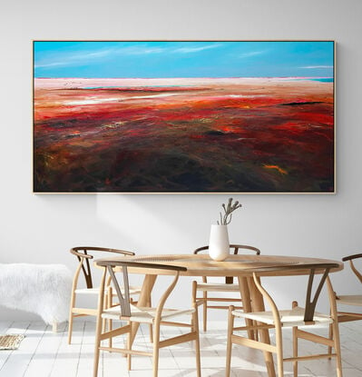 Afternoon's Tender Kiss  by Tania Chanter  is an evocative colourful abstract landscape painting that captures the tranquil yet dramatic moment as the day transitions into night. 
