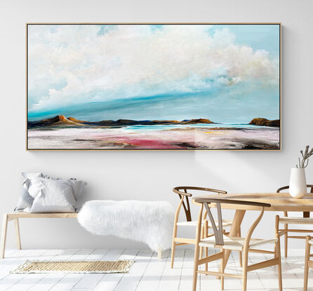 Morning Tide is a textured abstract seascape vibrant teal blue hues, evoking the tranquility of the ocean. Fluffy white clouds float across the sky, while intricate mark making adds layers of depth and energy, capturing the essence of a dreamlike coastal haven.