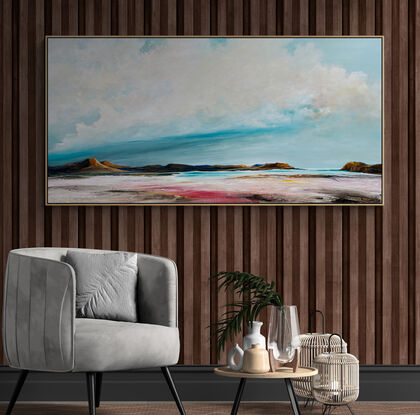 Morning Tide is a textured abstract seascape vibrant teal blue hues, evoking the tranquility of the ocean. Fluffy white clouds float across the sky, while intricate mark making adds layers of depth and energy, capturing the essence of a dreamlike coastal haven.