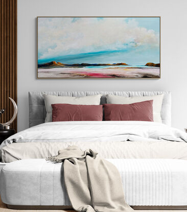 Morning Tide is a textured abstract seascape vibrant teal blue hues, evoking the tranquility of the ocean. Fluffy white clouds float across the sky, while intricate mark making adds layers of depth and energy, capturing the essence of a dreamlike coastal haven.