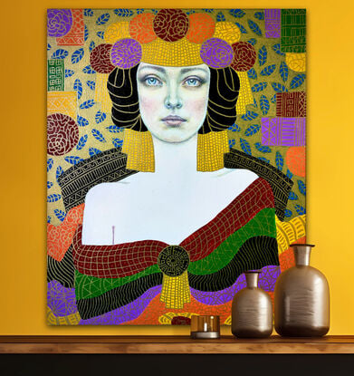 A beautiful young woman sits in a formal abstracted room
Art deco style image, after Klimt
Golden embellishment over bright colours