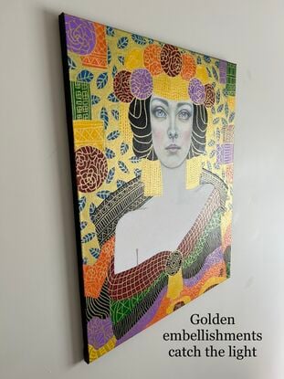 A beautiful young woman sits in a formal abstracted room
Art deco style image, after Klimt
Golden embellishment over bright colours