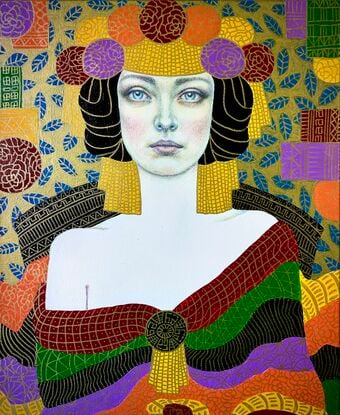 A beautiful young woman sits in a formal abstracted room
Art deco style image, after Klimt
Golden embellishment over bright colours