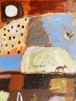 Abstract expression of the Australian outback through earthy colours and intuitive marks. A dingo etched into the sunrise