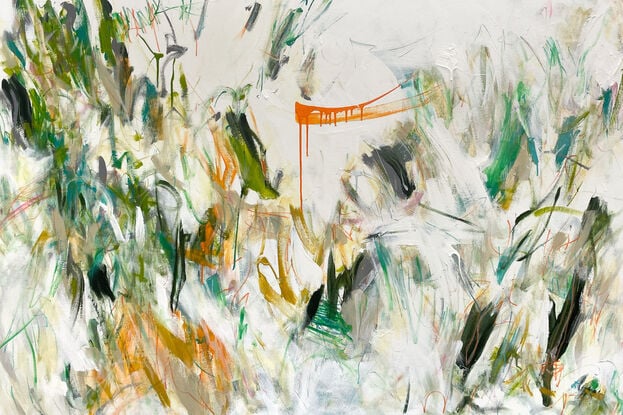 bold paint and pencil marks in light green, olive lime with areas of white and grey, beige, pink, blush, tan,  orange and ochre  expressive marks across a large canvas