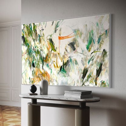 bold paint and pencil marks in light green, olive lime with areas of white and grey, beige, pink, blush, tan,  orange and ochre  expressive marks across a large canvas