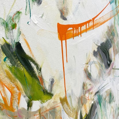 bold paint and pencil marks in light green, olive lime with areas of white and grey, beige, pink, blush, tan,  orange and ochre  expressive marks across a large canvas