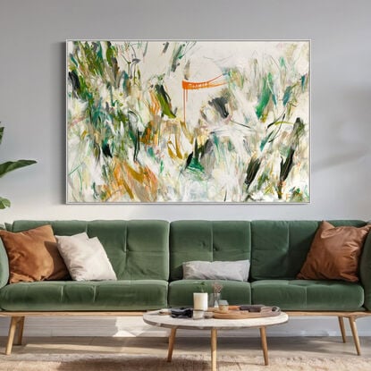 bold paint and pencil marks in light green, olive lime with areas of white and grey, beige, pink, blush, tan,  orange and ochre  expressive marks across a large canvas