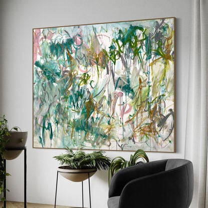 bold paint and pencil marks in light green, olive lime with areas of white and grey, beige, pink, blush, tan,  orange and ochre  expressive marks across a large canvas