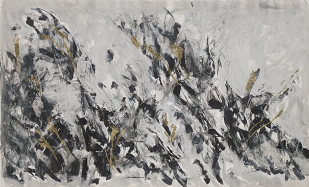 a large abstract landscape in shades of black, grey and white inspired by trees, branches and light. there is metallic gold leaf.