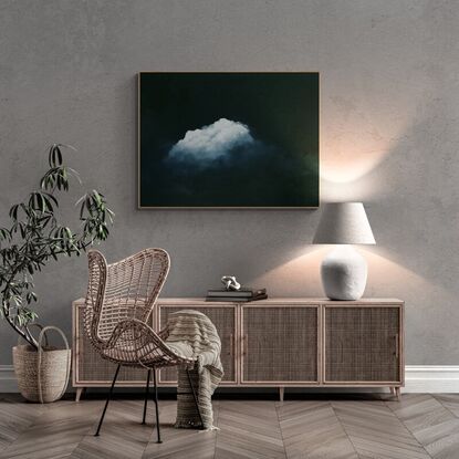 A Deep dark blue canvas with ethereal highlighted clouds ; Lucinda Leveille; original art; framed;