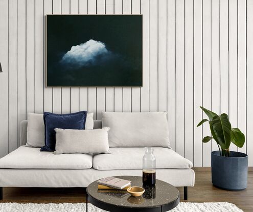 A Deep dark blue canvas with ethereal highlighted clouds ; Lucinda Leveille; original art; framed;