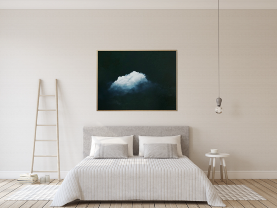 A Deep dark blue canvas with ethereal highlighted clouds ; Lucinda Leveille; original art; framed;