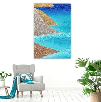 textured abstract beach blues with golden hills coast line 